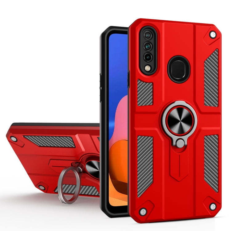 For Samsung Galaxy A20s Carbon Fiber Pattern PC + TPU Protective Case with Ring Holder