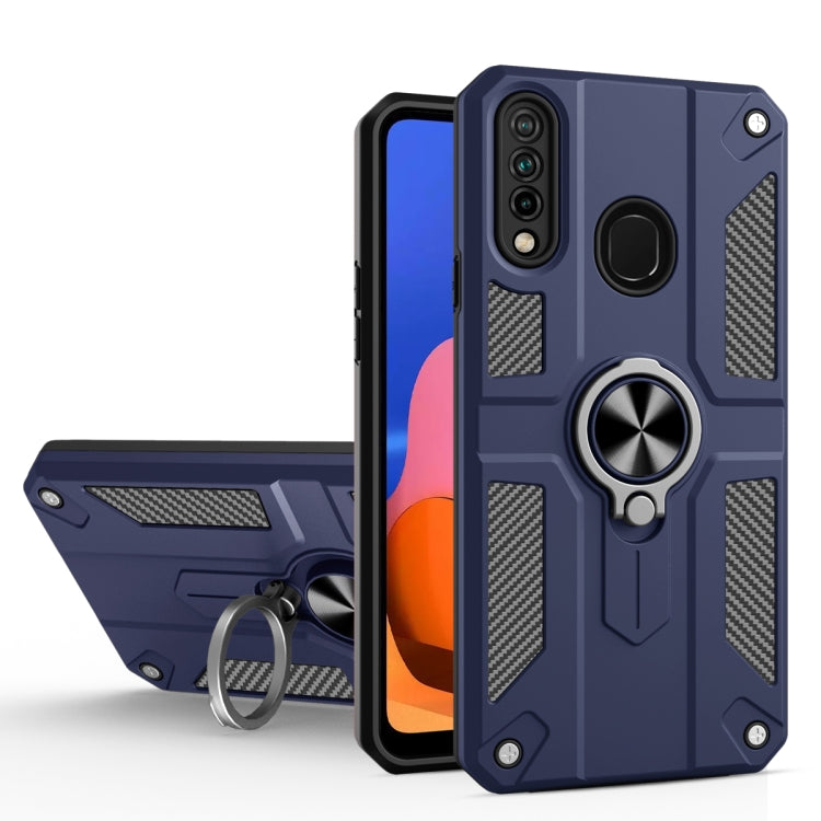 For Samsung Galaxy A20s Carbon Fiber Pattern PC + TPU Protective Case with Ring Holder