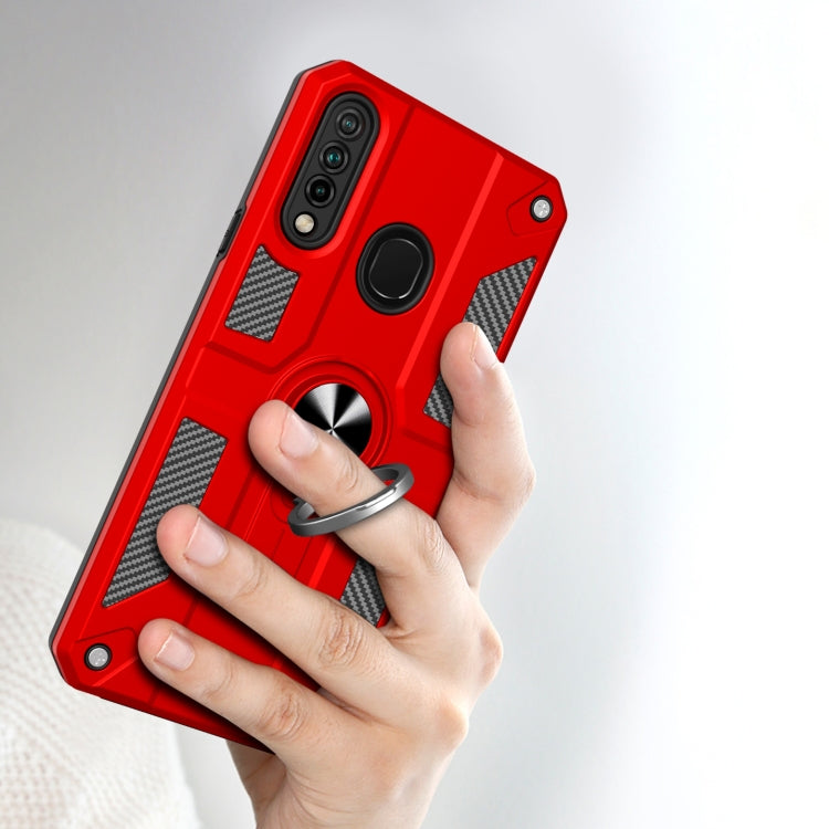 For Samsung Galaxy A20s Carbon Fiber Pattern PC + TPU Protective Case with Ring Holder