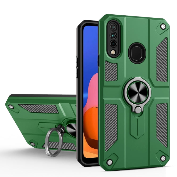 For Samsung Galaxy A20s Carbon Fiber Pattern PC + TPU Protective Case with Ring Holder