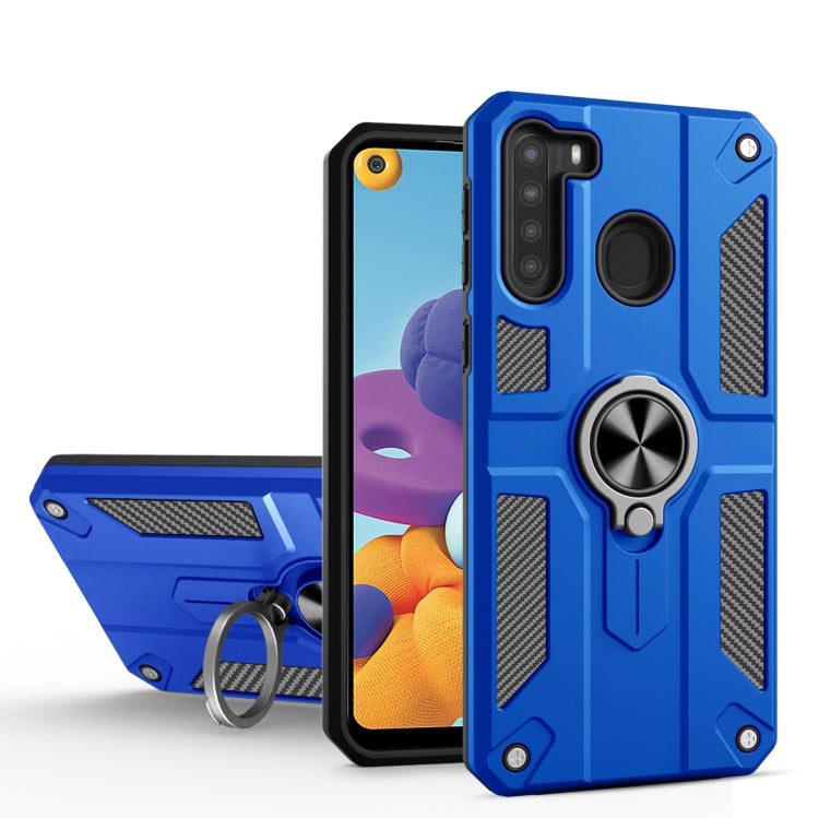For Samsung Galaxy A21 Carbon Fiber Pattern PC + TPU Protective Case with Ring Holder