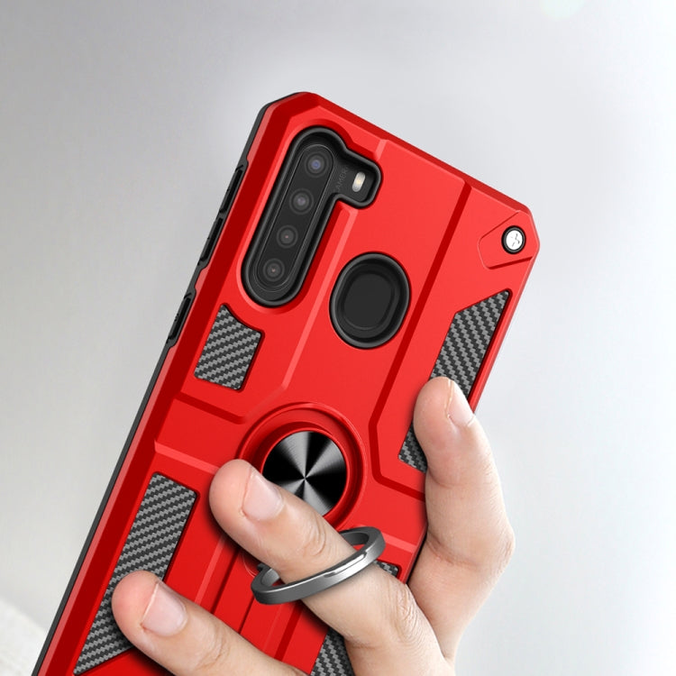For Samsung Galaxy A21 Carbon Fiber Pattern PC + TPU Protective Case with Ring Holder