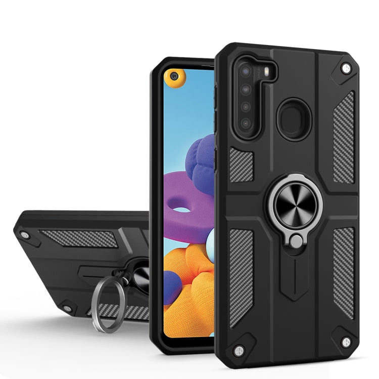 For Samsung Galaxy A21 Carbon Fiber Pattern PC + TPU Protective Case with Ring Holder
