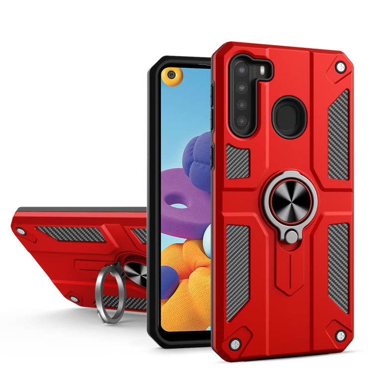 For Samsung Galaxy A21 Carbon Fiber Pattern PC + TPU Protective Case with Ring Holder