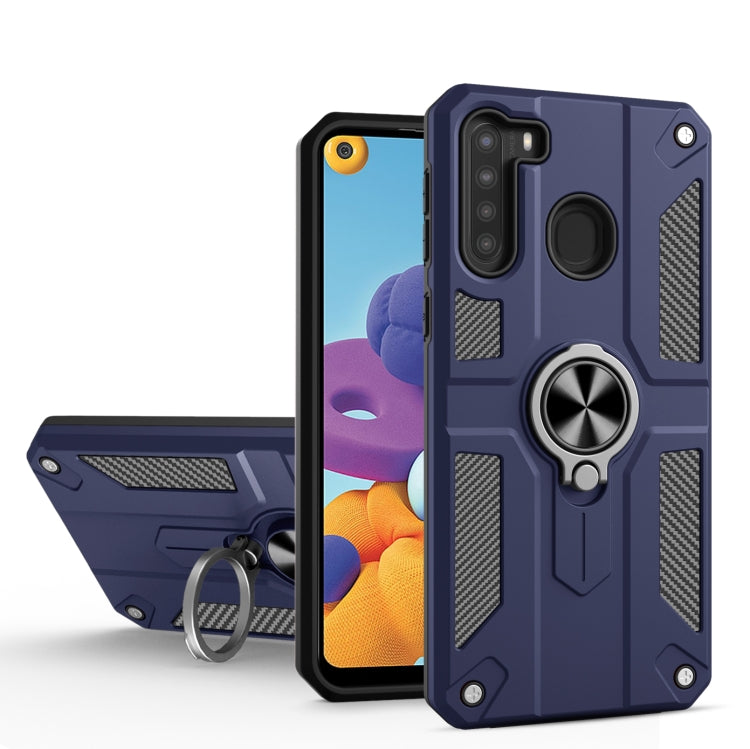 For Samsung Galaxy A21 Carbon Fiber Pattern PC + TPU Protective Case with Ring Holder