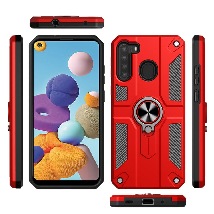 For Samsung Galaxy A21 Carbon Fiber Pattern PC + TPU Protective Case with Ring Holder