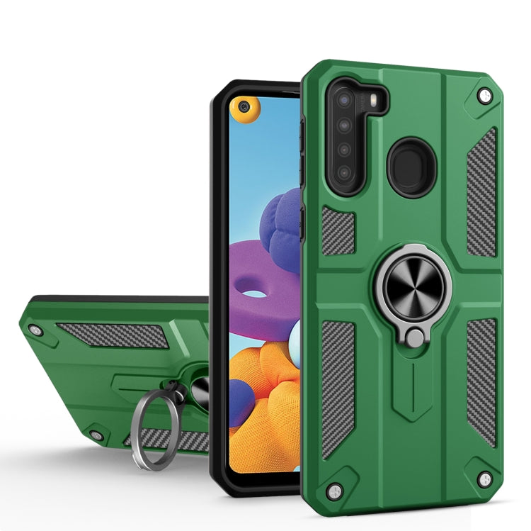 For Samsung Galaxy A21 Carbon Fiber Pattern PC + TPU Protective Case with Ring Holder