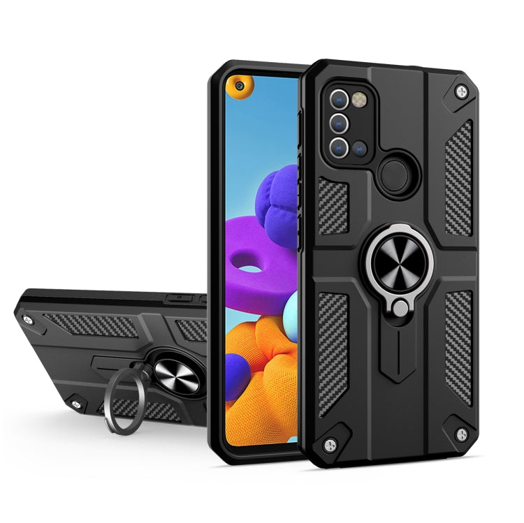 For Samsung Galaxy A21s Carbon Fiber Pattern PC + TPU Protective Case with Ring Holder