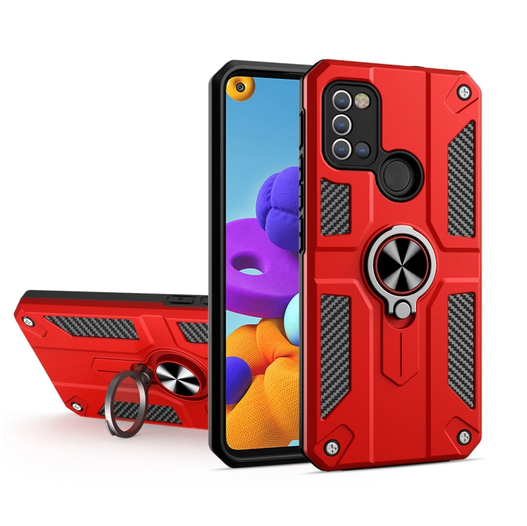 For Samsung Galaxy A21s Carbon Fiber Pattern PC + TPU Protective Case with Ring Holder