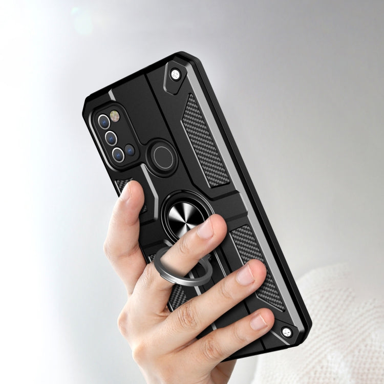 For Samsung Galaxy A21s Carbon Fiber Pattern PC + TPU Protective Case with Ring Holder