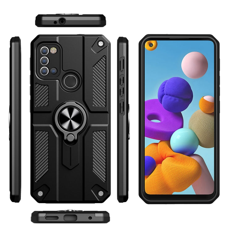 For Samsung Galaxy A21s Carbon Fiber Pattern PC + TPU Protective Case with Ring Holder