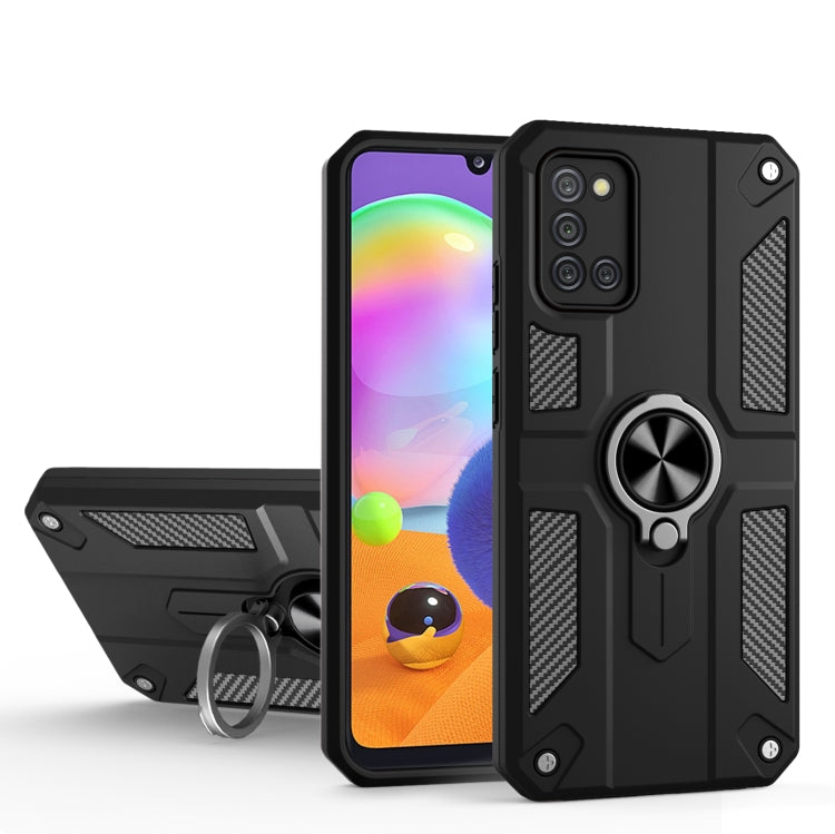 For Samsung Galaxy A31 Carbon Fiber Pattern PC + TPU Protective Case with Ring Holder