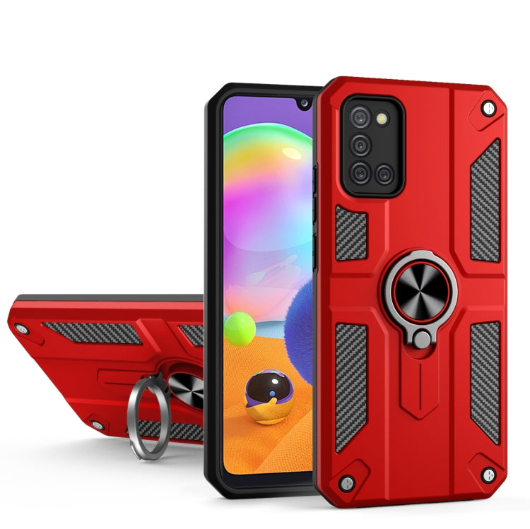 For Samsung Galaxy A31 Carbon Fiber Pattern PC + TPU Protective Case with Ring Holder