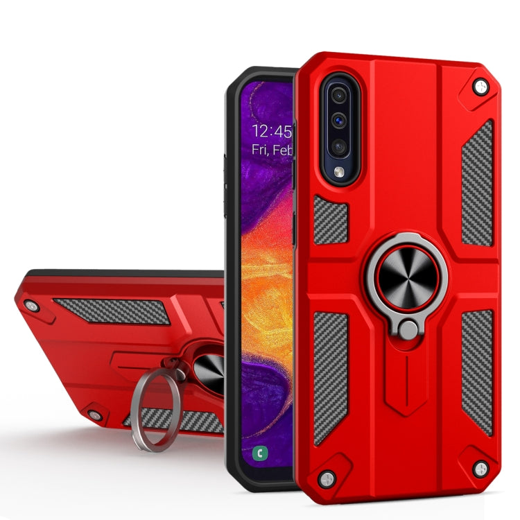 For Samsung Galaxy A50 Carbon Fiber Pattern PC + TPU Protective Case with Ring Holder