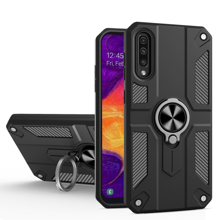 For Samsung Galaxy A50s Carbon Fiber Pattern PC + TPU Protective Case with Ring Holder