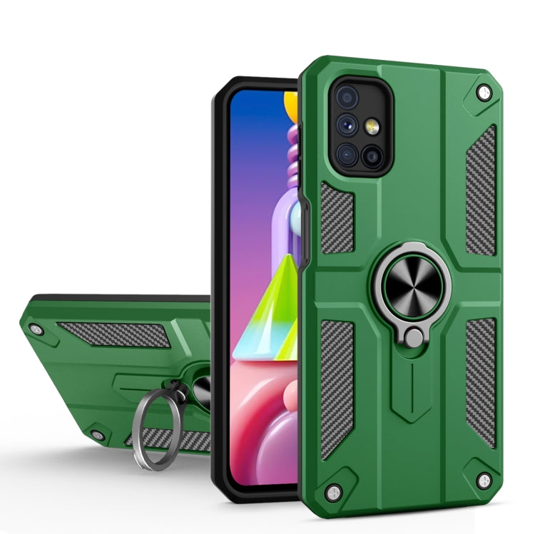 For Samsung Galaxy M31s Carbon Fiber Pattern PC + TPU Protective Case with Ring Holder
