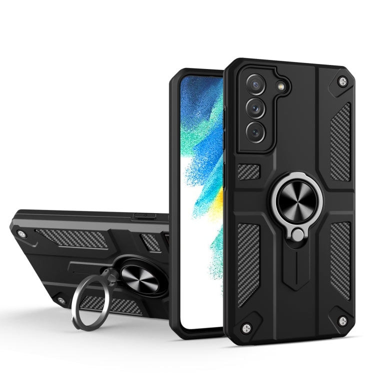 For Samsung Galaxy S21 FE Carbon Fiber Pattern PC + TPU Protective Case with Ring Holder