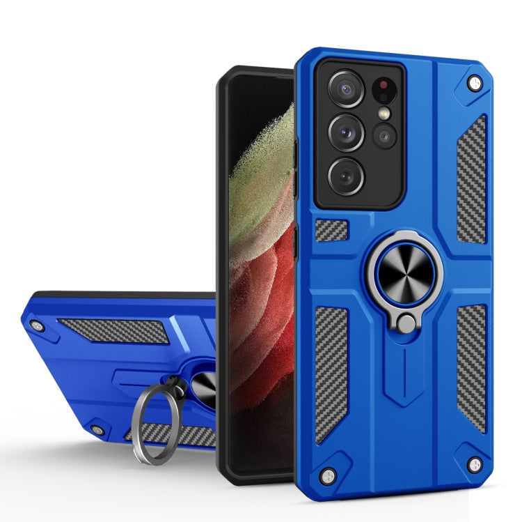 For Samsung Galaxy S21 Ultra 5G Carbon Fiber Pattern PC + TPU Protective Case with Ring Holder