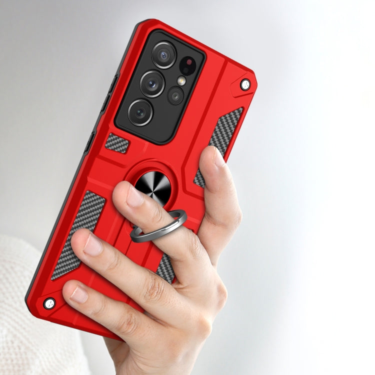 For Samsung Galaxy S21 Ultra 5G Carbon Fiber Pattern PC + TPU Protective Case with Ring Holder
