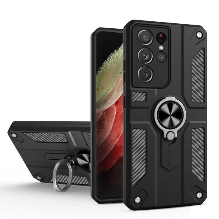 For Samsung Galaxy S21 Ultra 5G Carbon Fiber Pattern PC + TPU Protective Case with Ring Holder