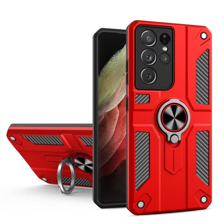For Samsung Galaxy S21 Ultra 5G Carbon Fiber Pattern PC + TPU Protective Case with Ring Holder