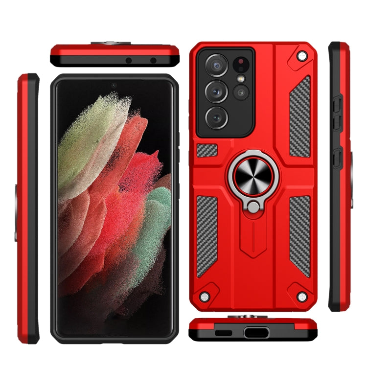 For Samsung Galaxy S21 Ultra 5G Carbon Fiber Pattern PC + TPU Protective Case with Ring Holder
