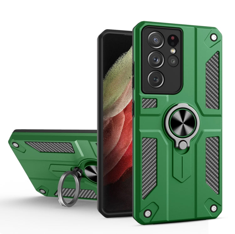 For Samsung Galaxy S21 Ultra 5G Carbon Fiber Pattern PC + TPU Protective Case with Ring Holder