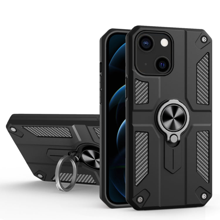 For iPhone 13 Carbon Fiber Pattern PC + TPU Protective Case with Ring Holder