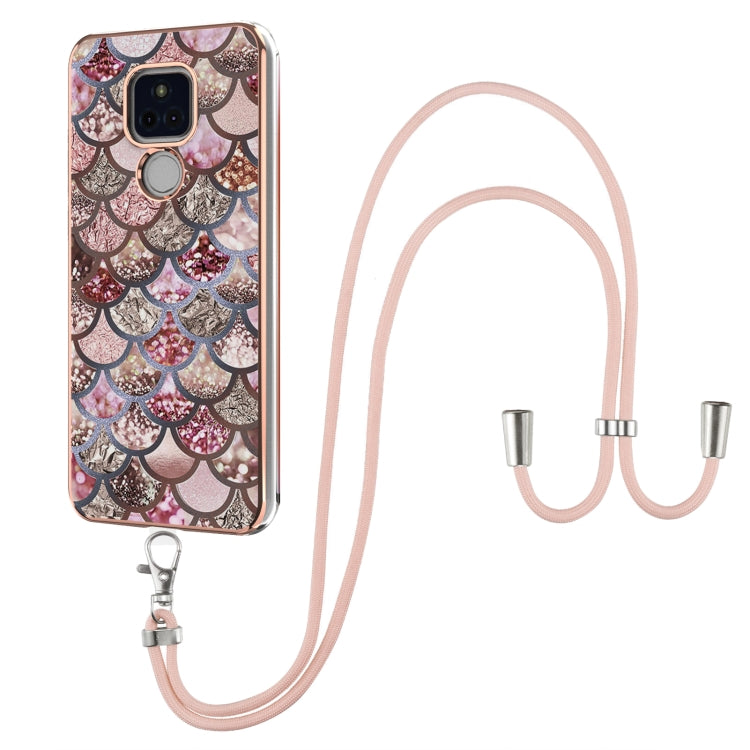 For Motorola Moto G Play 2021 Electroplating Pattern IMD TPU Shockproof Case with Neck Lanyard