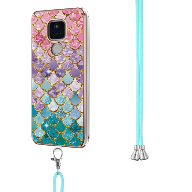 For Motorola Moto G Play 2021 Electroplating Pattern IMD TPU Shockproof Case with Neck Lanyard