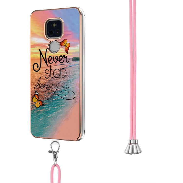 For Motorola Moto G Play 2021 Electroplating Pattern IMD TPU Shockproof Case with Neck Lanyard
