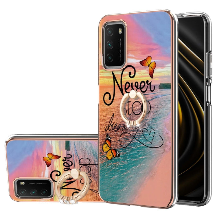 For Xiaomi Poco M3/Redmi Note 9 4G/Redmi 9 Power/Redmi 9T Electroplating Pattern IMD TPU Shockproof Case with Rhinestone Ring Holder