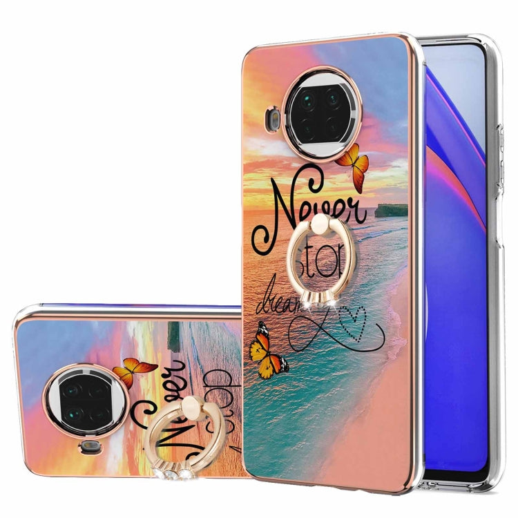 For Xiaomi Mi 10T Lite 5G Electroplating Pattern IMD TPU Shockproof Case with Rhinestone Ring Holder
