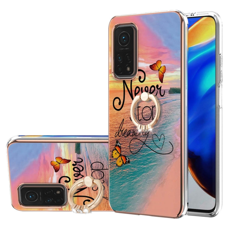 For Xiaomi Mi 10T 5G/10T Pro 5G Electroplating Pattern IMD TPU Shockproof Case with Rhinestone Ring Holder
