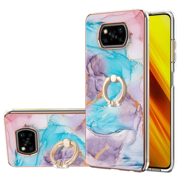 For Xiaomi Poco X3 NFC Electroplating Pattern IMD TPU Shockproof Case with Rhinestone Ring Holder