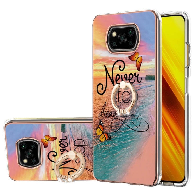 For Xiaomi Poco X3 NFC Electroplating Pattern IMD TPU Shockproof Case with Rhinestone Ring Holder