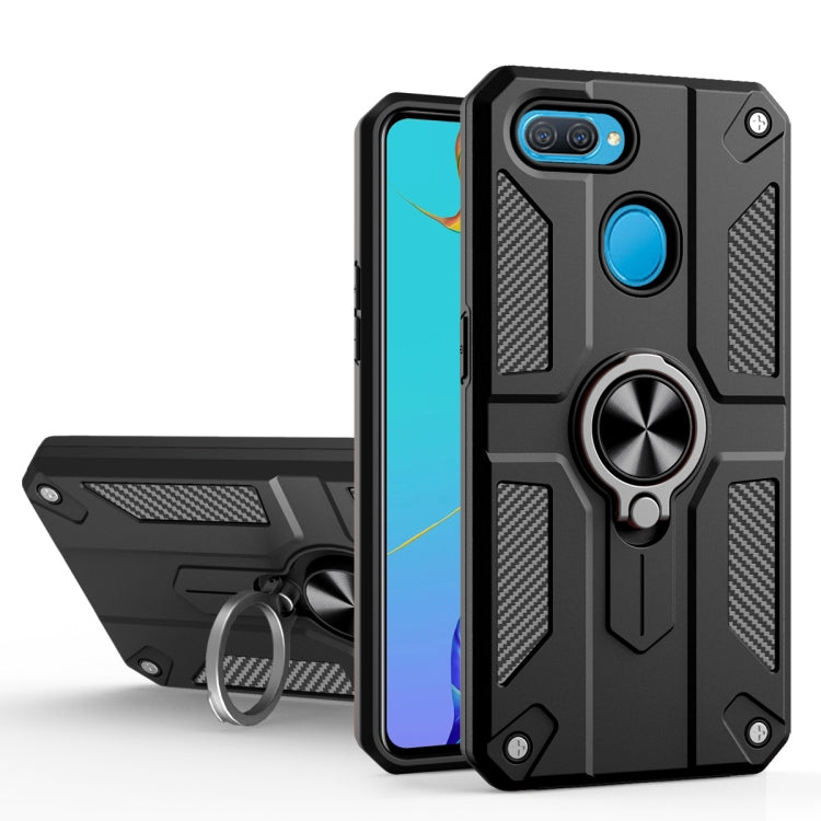 Carbon Fiber Pattern PC + TPU Protective Case with Ring Holder For OPPO A12 / A5s / A7