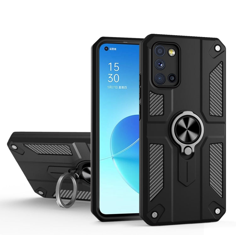 Carbon Fiber Pattern PC + TPU Protective Case with Ring Holder For OPPO Reno4 4G
