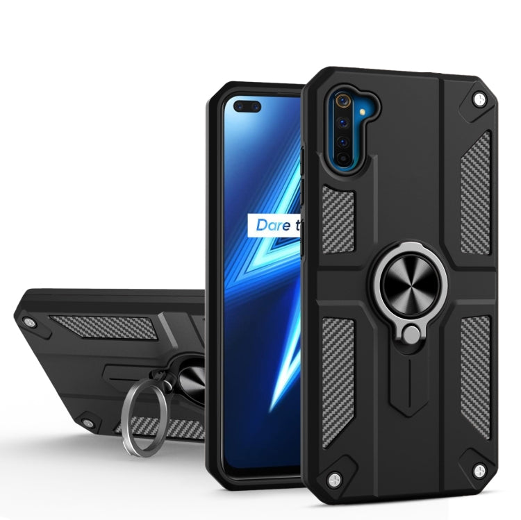 Carbon Fiber Pattern PC + TPU Protective Case with Ring Holder For OPPO Realme 6