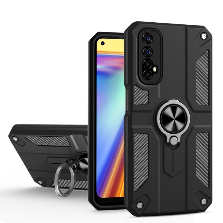 Carbon Fiber Pattern PC + TPU Protective Case with Ring Holder For OPPO Realme 7