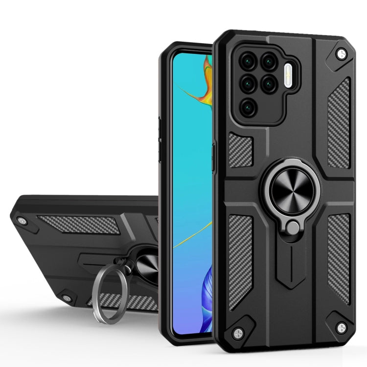 Carbon Fiber Pattern PC + TPU Protective Case with Ring Holder For OPPO A94 / F19 Pro / Reno5 F / Reno5 Lite