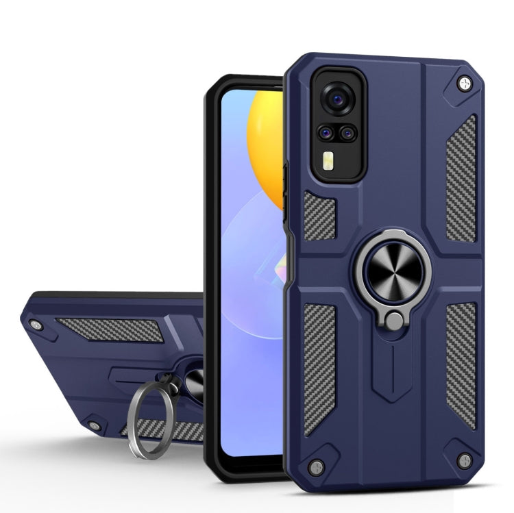 Carbon Fiber Pattern PC + TPU Protective Case with Ring Holder For vivo Y51 2020