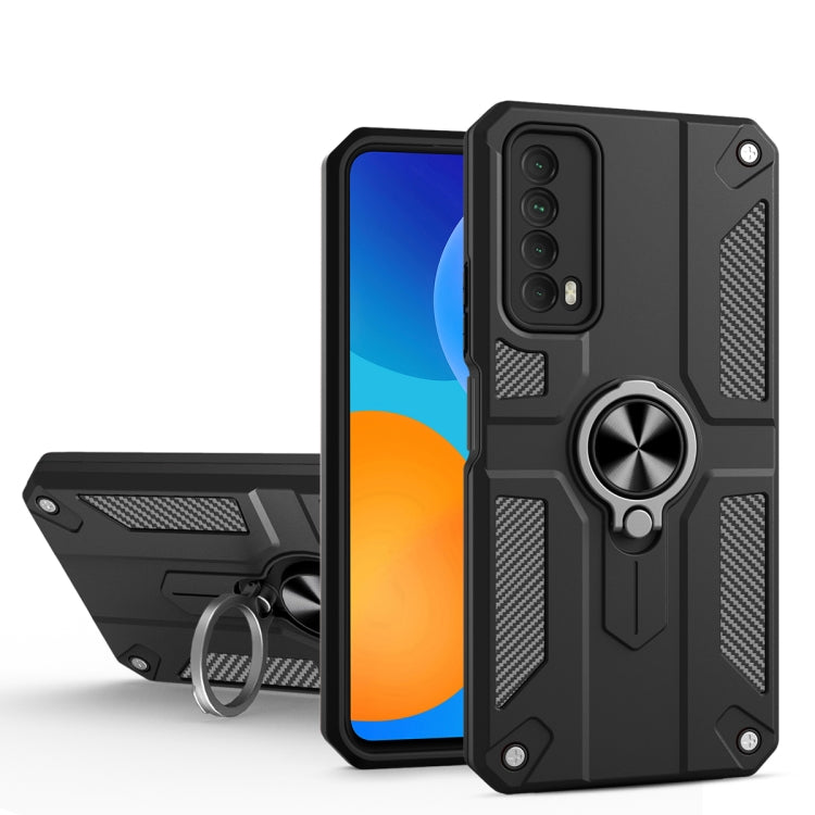 For Huawei Y7a Carbon Fiber Pattern PC + TPU Protective Case with Ring Holder