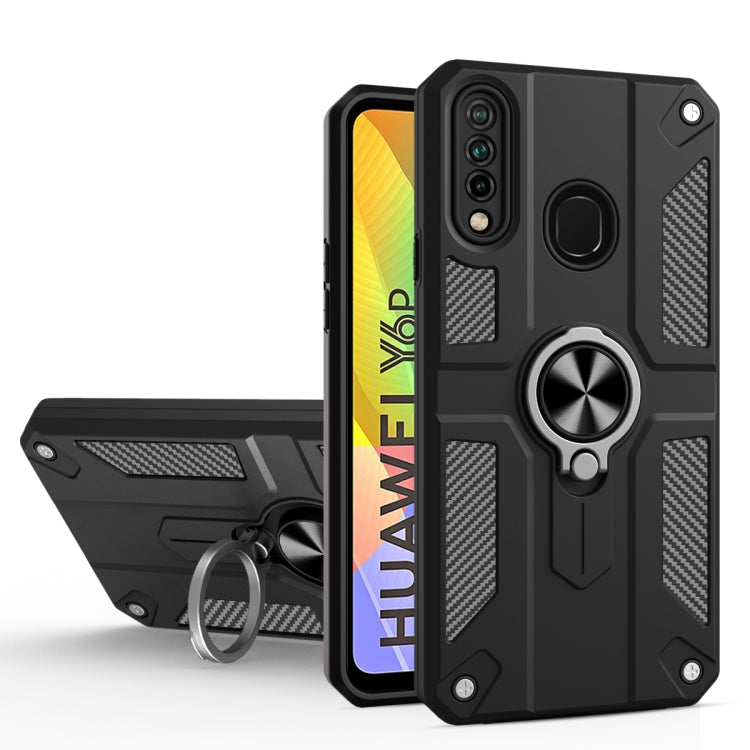 For Huawei Y6p Carbon Fiber Pattern PC + TPU Protective Case with Ring Holder