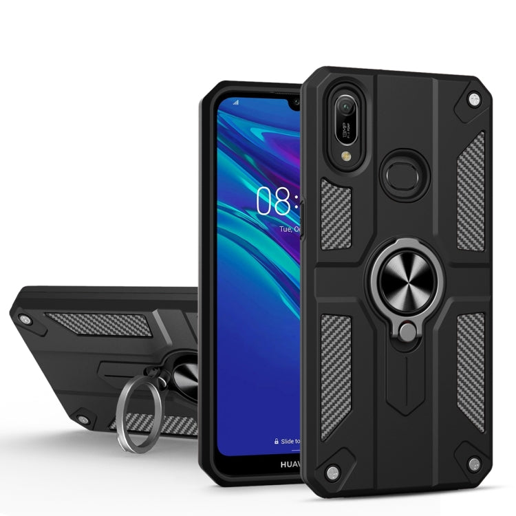 For Huawei Y6 (2019) Carbon Fiber Pattern PC + TPU Protective Case with Ring Holder