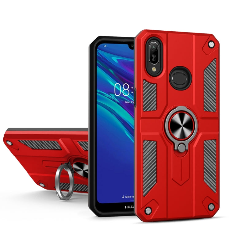 For Huawei Y6 (2019) Carbon Fiber Pattern PC + TPU Protective Case with Ring Holder