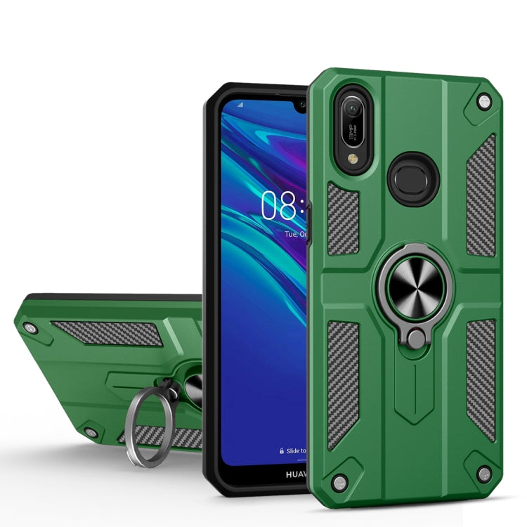 For Huawei Y6 (2019) Carbon Fiber Pattern PC + TPU Protective Case with Ring Holder