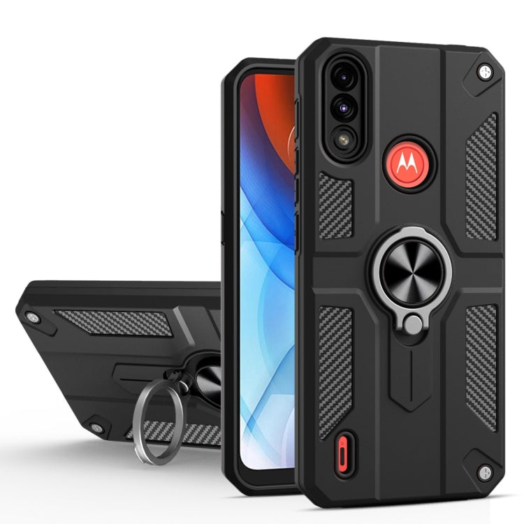 For Motorola Moto E7 Power Carbon Fiber Pattern PC + TPU Protective Case with Ring Holder