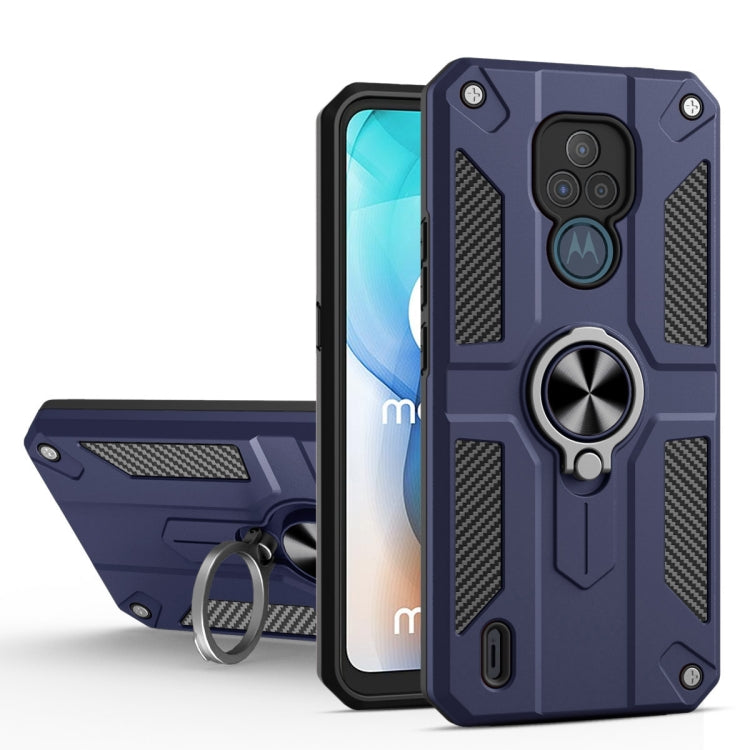 For Motorola Moto E7 Carbon Fiber Pattern PC + TPU Protective Case with Ring Holder