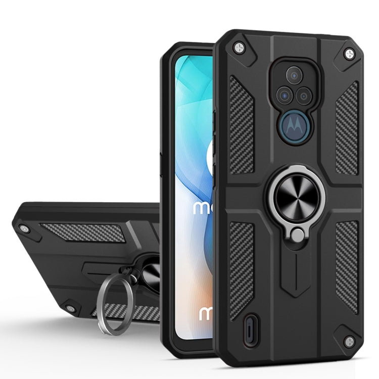 For Motorola Moto E7 Carbon Fiber Pattern PC + TPU Protective Case with Ring Holder
